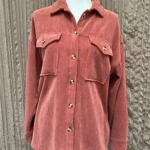 Forever 21 Corduroy Button-Front Shirt Jacket in Dusty Rose, front pockets, Med